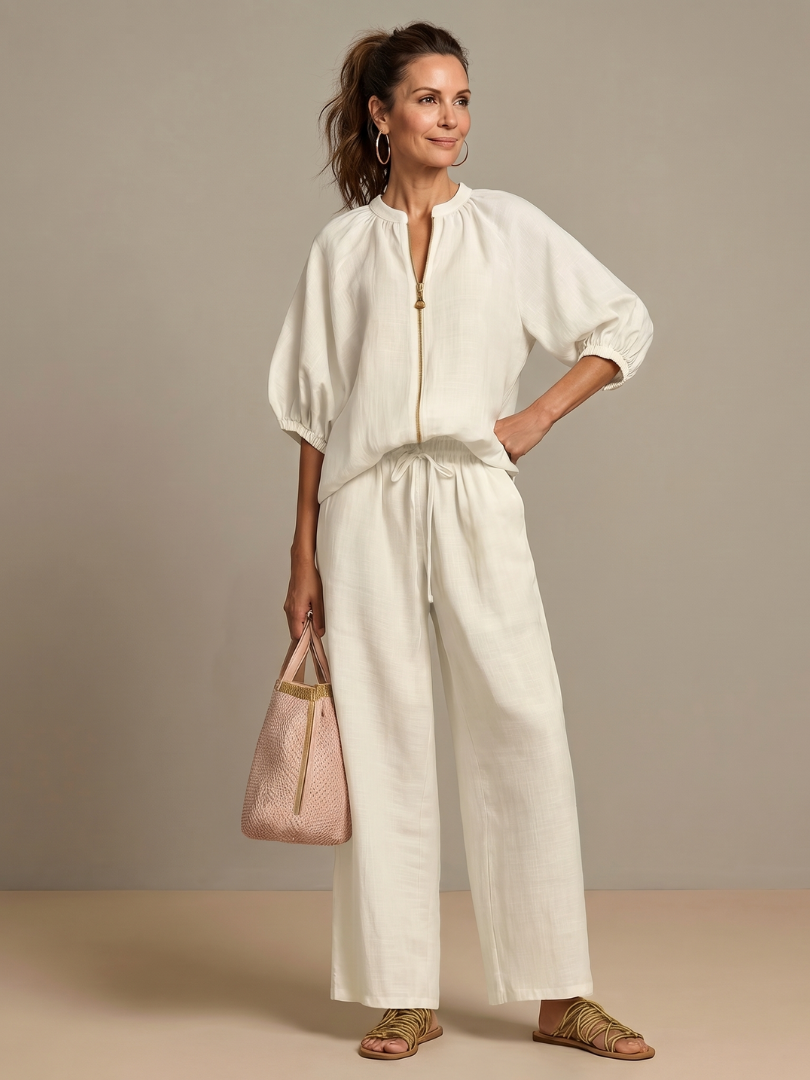 Natalia | Blouse with Zipper and Wide Leg Pants
