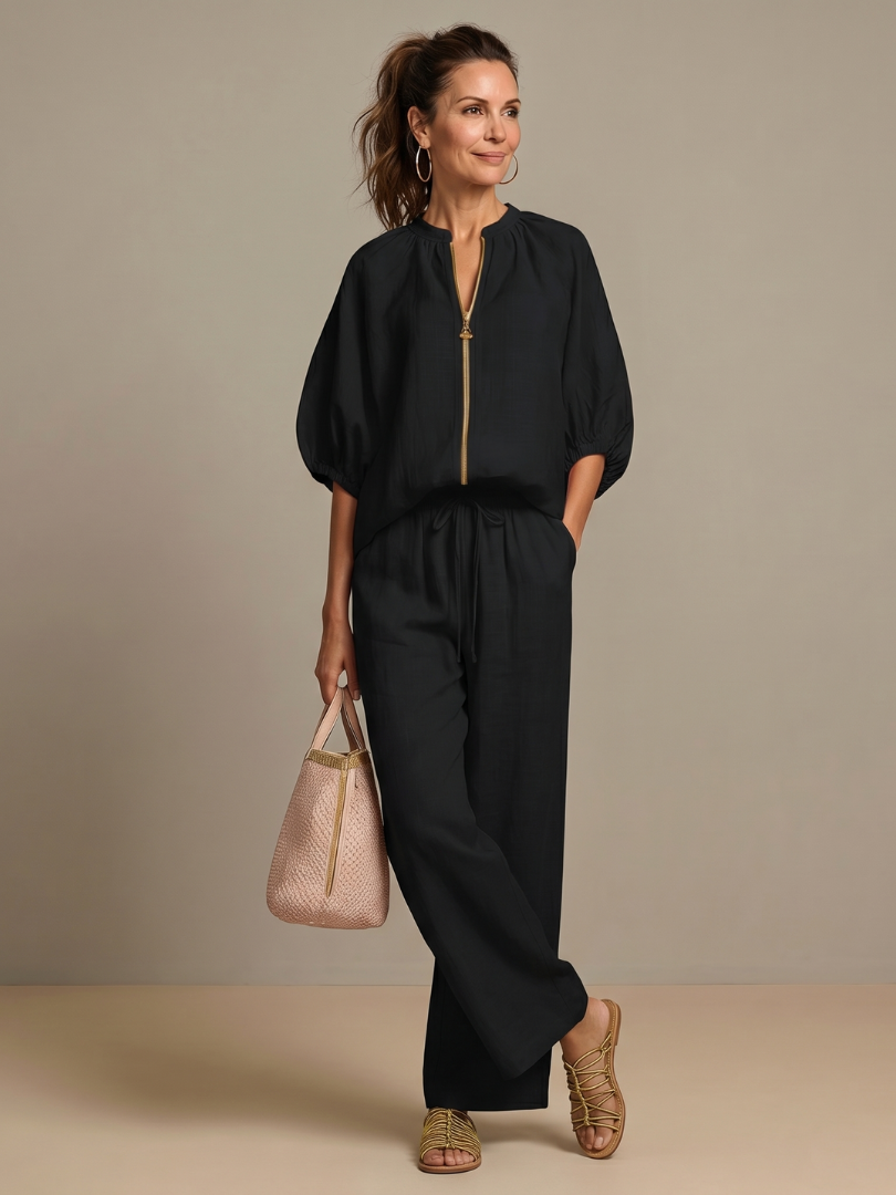 Natalia | Blouse with Zipper and Wide Leg Pants