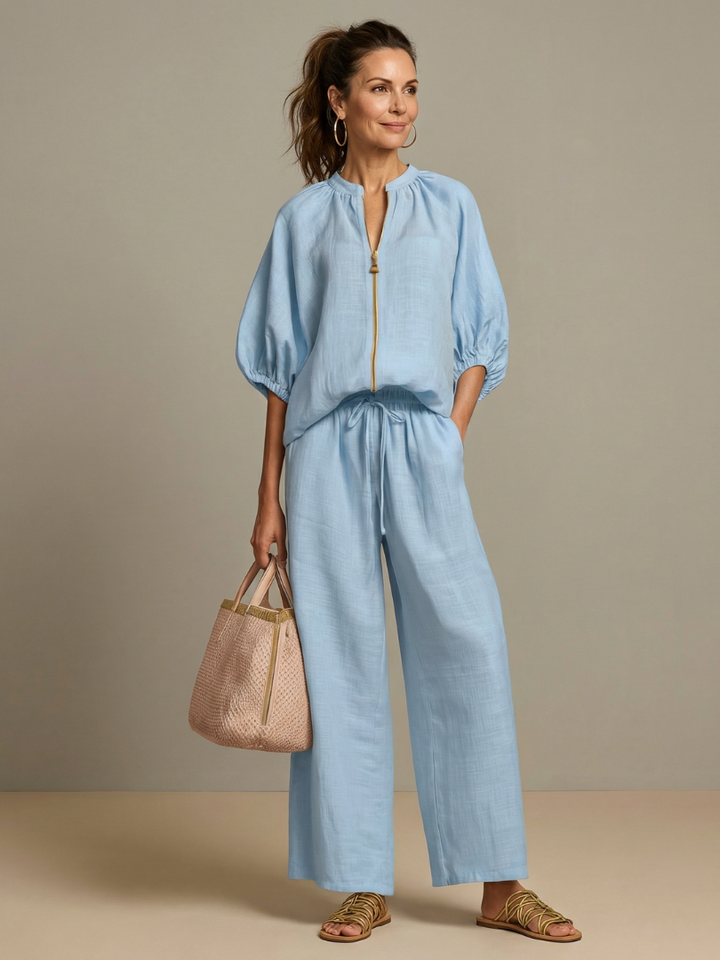 Natalia | Blouse with Zipper and Wide Leg Pants
