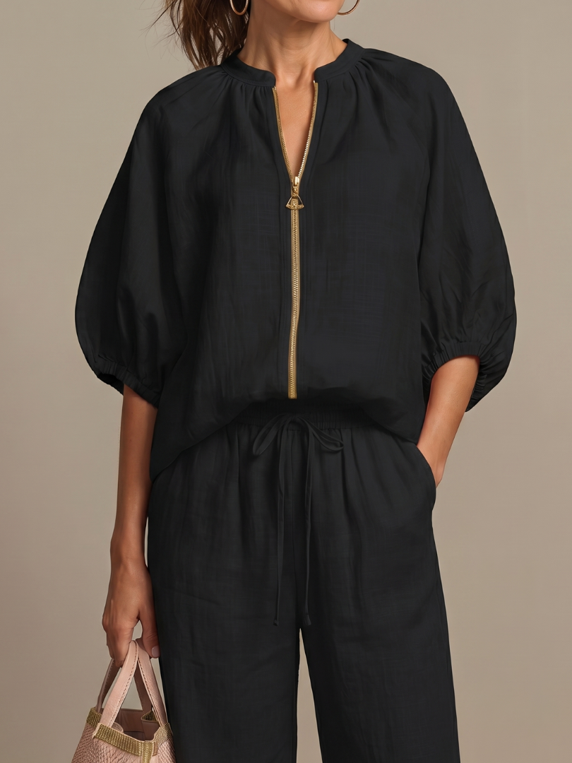 Natalia | Blouse with Zipper and Wide Leg Pants