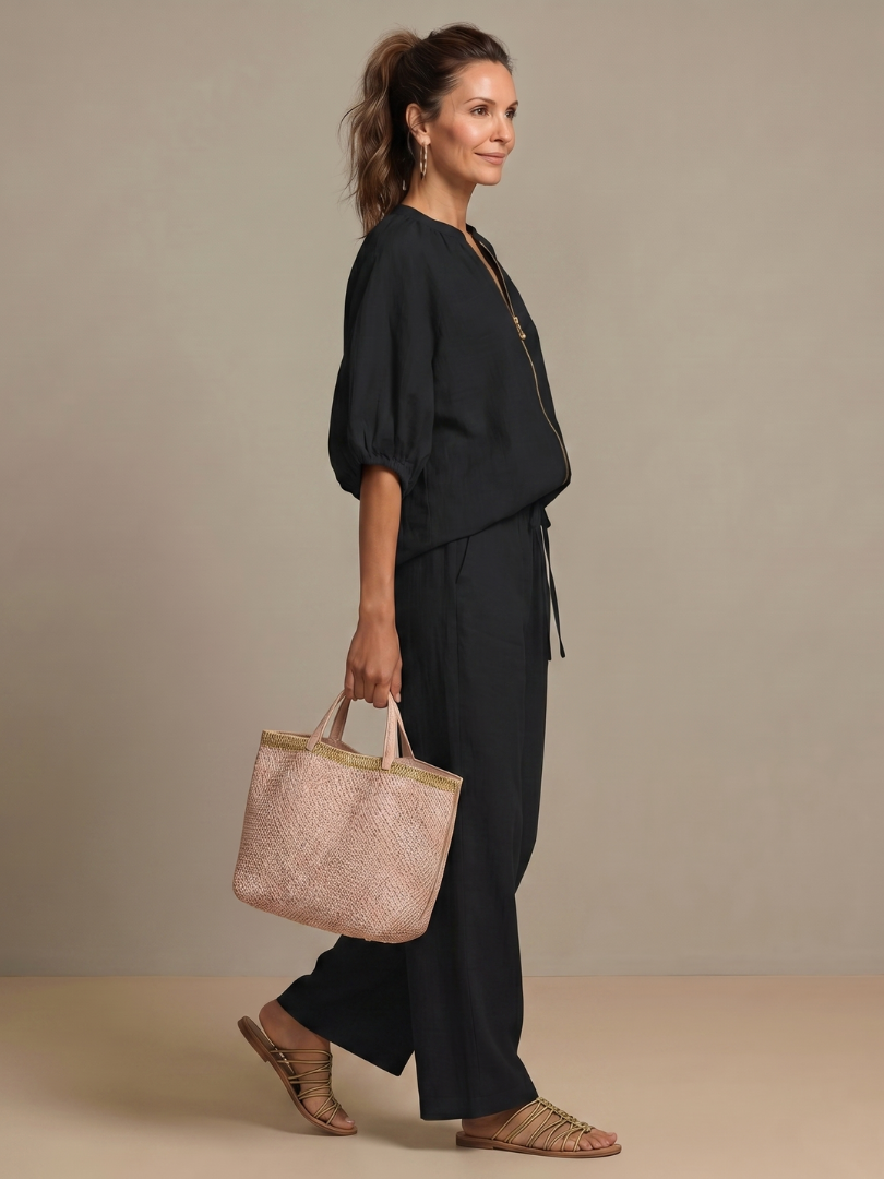 Natalia | Blouse with Zipper and Wide Leg Pants