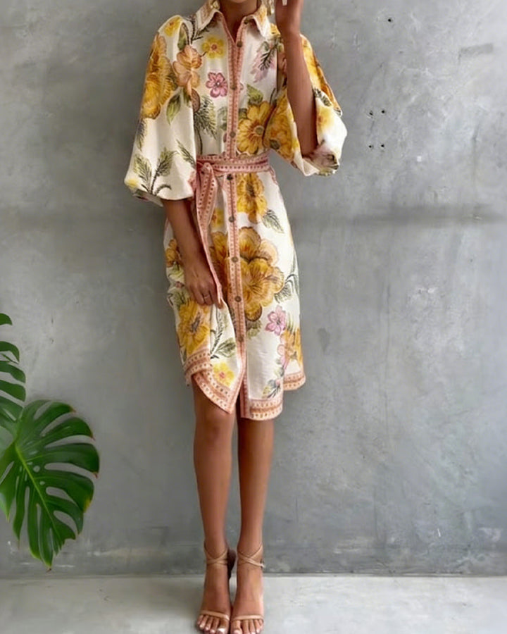 Lidia™ | Wzorzysta sukienka z bufiastymi rękawami
