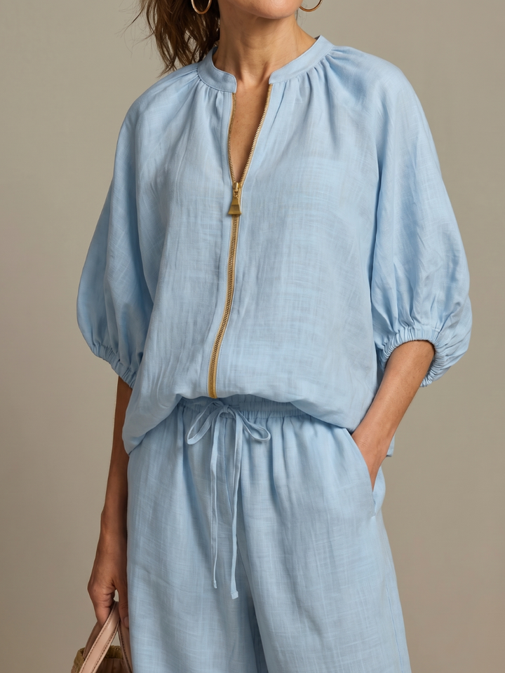 Natalia | Blouse with Zipper and Wide Leg Pants
