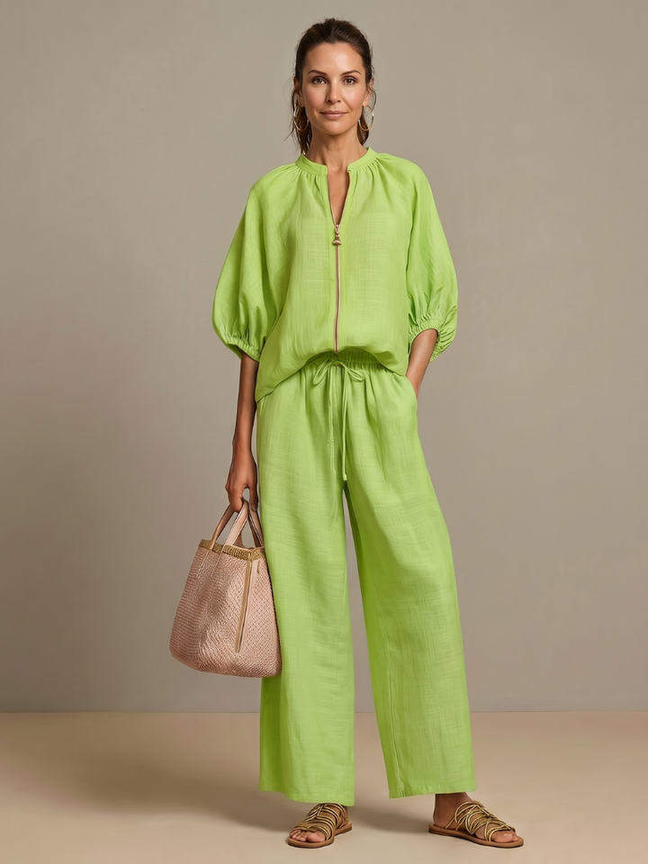 Natalia | Blouse with Zipper and Wide Leg Pants
