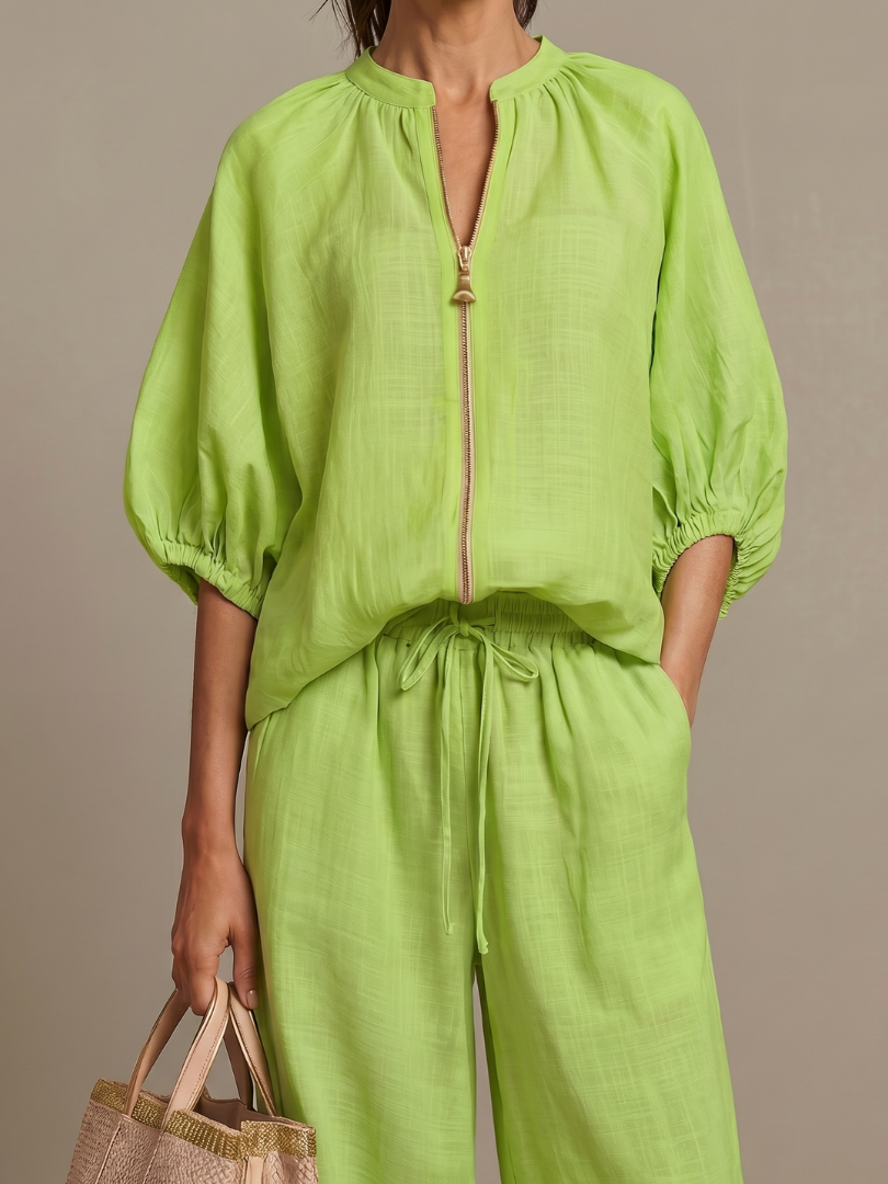 Natalia | Blouse with Zipper and Wide Leg Pants