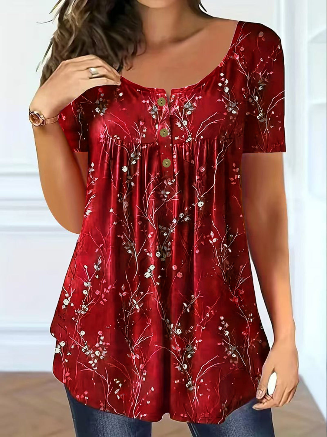 Florina™ | Plisowany Top w Kwiaty o Luźnym Kroju