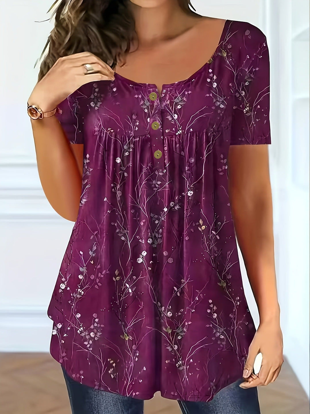 Florina™ | Plisowany Top w Kwiaty o Luźnym Kroju
