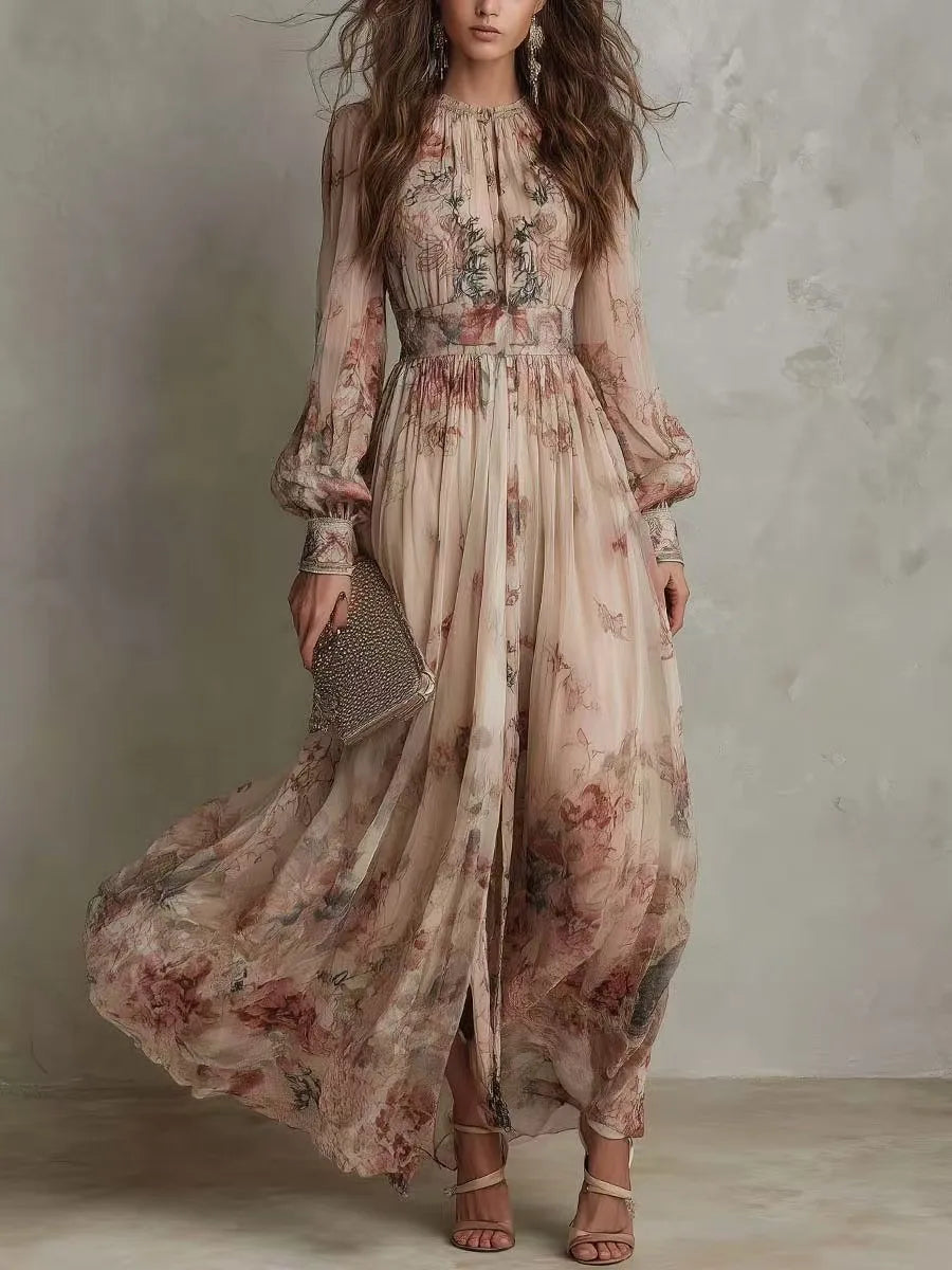 Rosalind™ | Vintage Floral Maxi Dress with Pleats