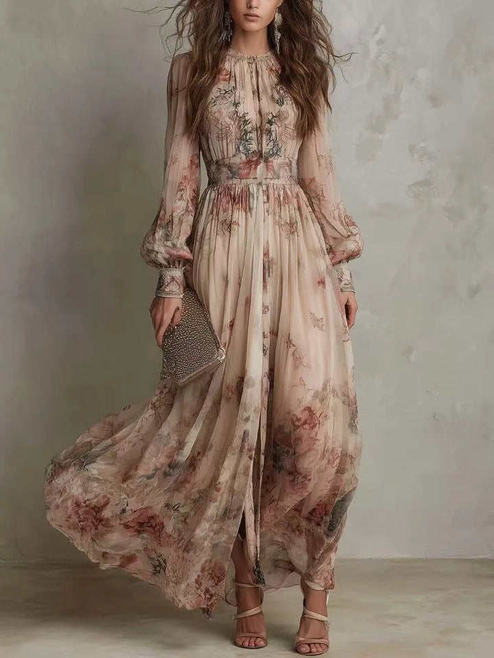 Rosalind™ | Vintage Floral Maxi Dress with Pleats