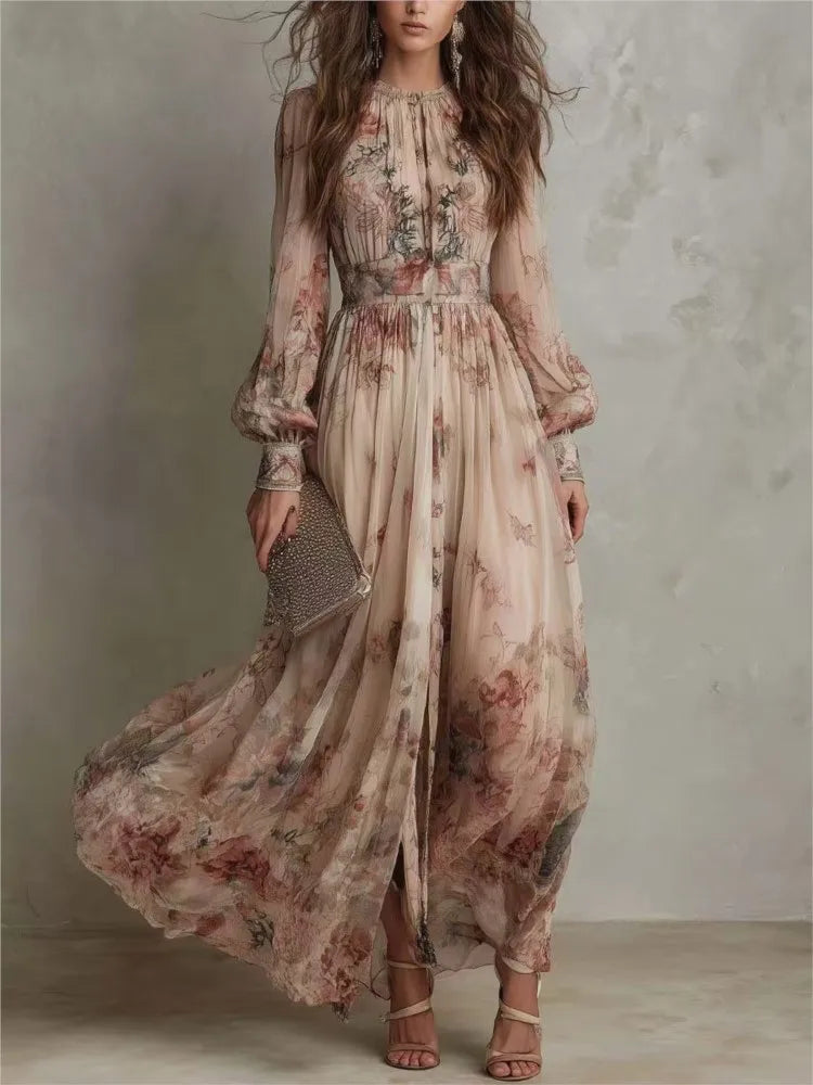 Rosalind™ | Vintage Floral Maxi Dress with Pleats