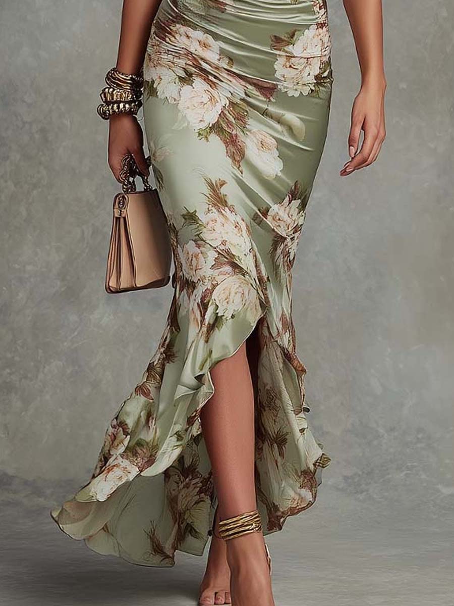 Anna | Asymmetrical Long Dress with V-Neck, Flared Sleeves, and Floral Pattern