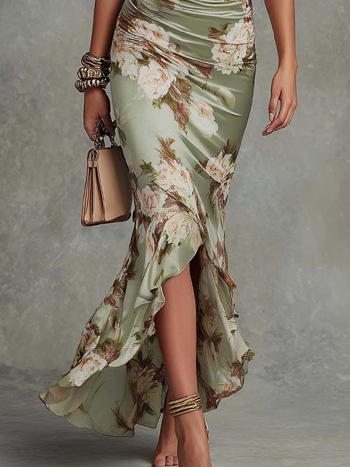 Anna | Asymmetrical Long Dress with V-Neck, Flared Sleeves, and Floral Pattern