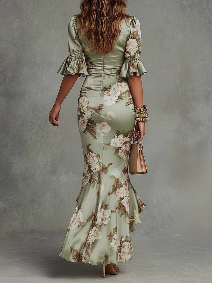 Anna | Asymmetrical Long Dress with V-Neck, Flared Sleeves, and Floral Pattern