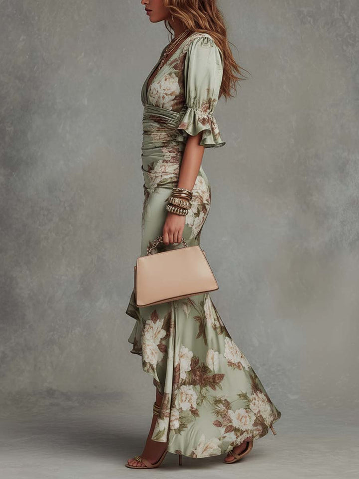Anna | Asymmetrical Long Dress with V-Neck, Flared Sleeves, and Floral Pattern